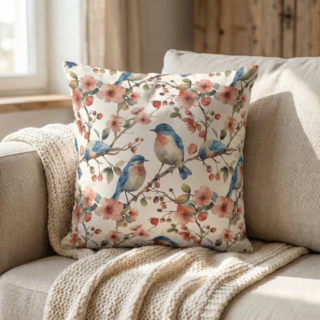 Vögel und Blume Vintag Kissen (boho rustic vintage elegant bluebird floral blossom throw pillow)