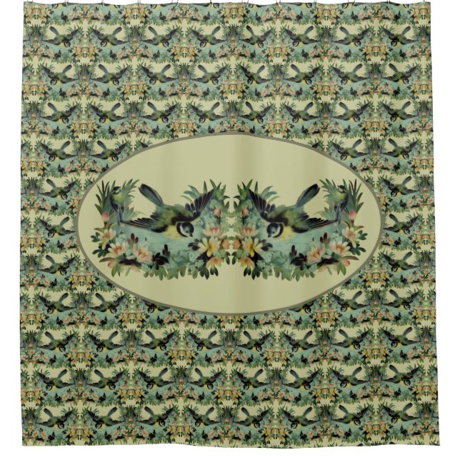 Vögel und Blume Vintage Kunst Duschvorhang (Vorderseite)
