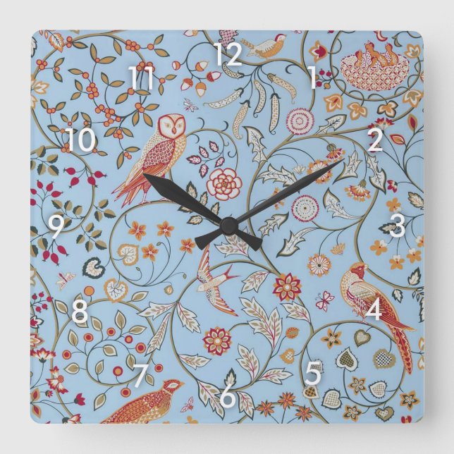 Vögel und Blume, William Morris Quadratische Wanduhr (Vorderseite)