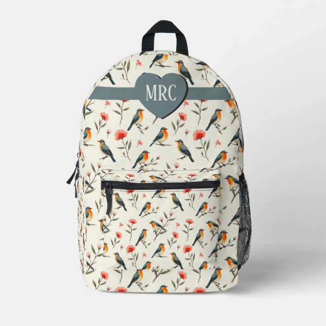 Vögel und Blumen Bedruckter Rucksack (Vorderseite)