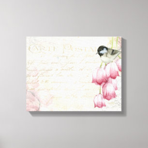 Vogel und Blumen mit handgeschriebenen Shabby Vint Leinwanddruck