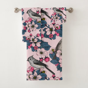 Vögel und Blüten auf rosa Badhandtuch Set
