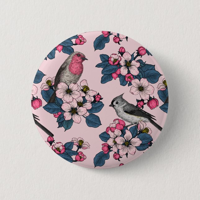 Vögel und Blüten auf rosa Button (Vorderseite)