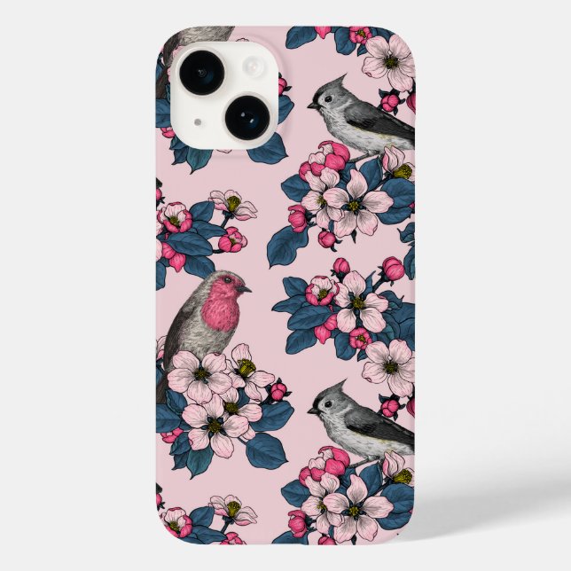 Vögel und Blüten auf rosa Case-Mate iPhone Hülle (Rückseite)