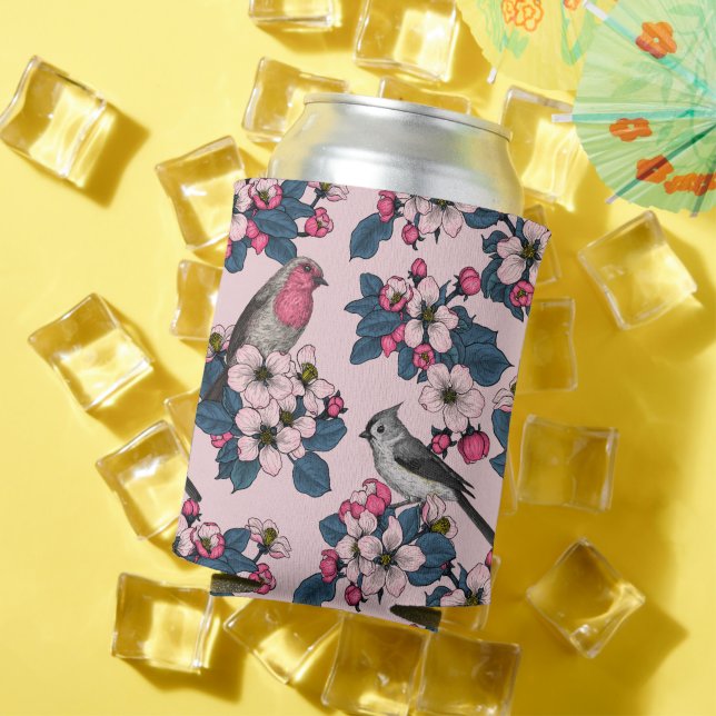 Vögel und Blüten auf rosa Dosenkühler (In Situ Sommer)