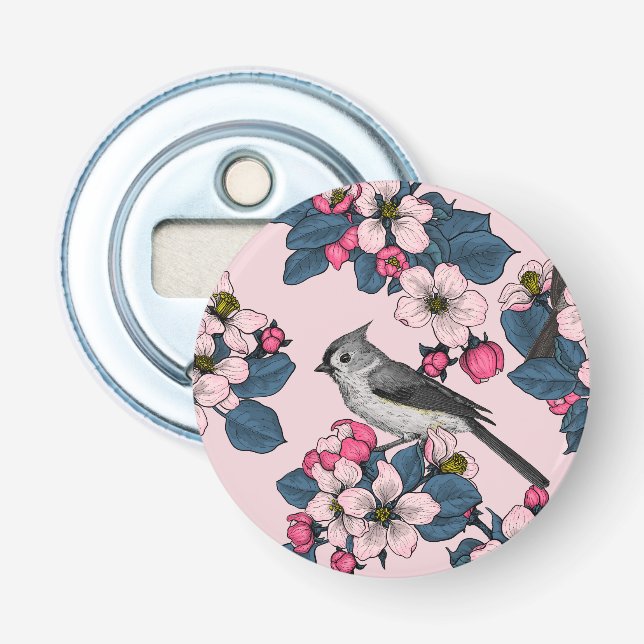 Vögel und Blüten auf rosa Flaschenöffner (Vorderseite)