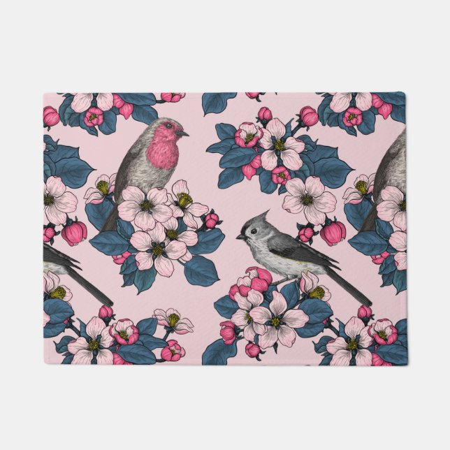 Vögel und Blüten auf rosa Fußmatte (Vorderseite)