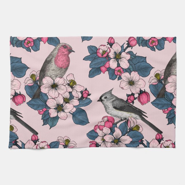 Vögel und Blüten auf rosa Geschirrtuch (Horizontal)