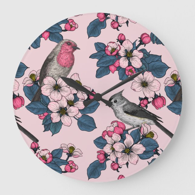 Vögel und Blüten auf rosa Große Wanduhr (Vorderseite)