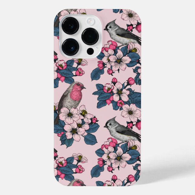Vögel und Blüten auf rosa iPhone Hülle (Rückseite)