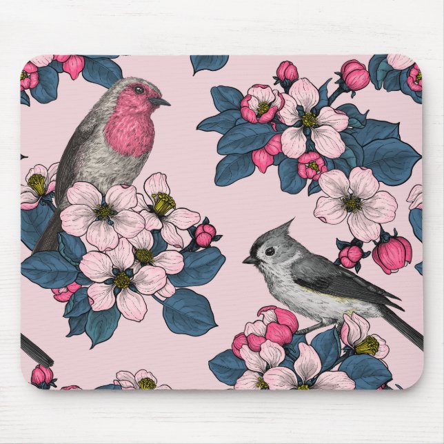 Vögel und Blüten auf rosa Mousepad (Vorne)