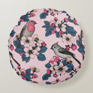 Vögel und Blüten auf rosa Rundes Kissen