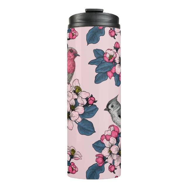 Vögel und Blüten auf rosa Thermosbecher (Vorderseite)