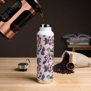 Vögel und Blüten auf rosa Trinkflasche