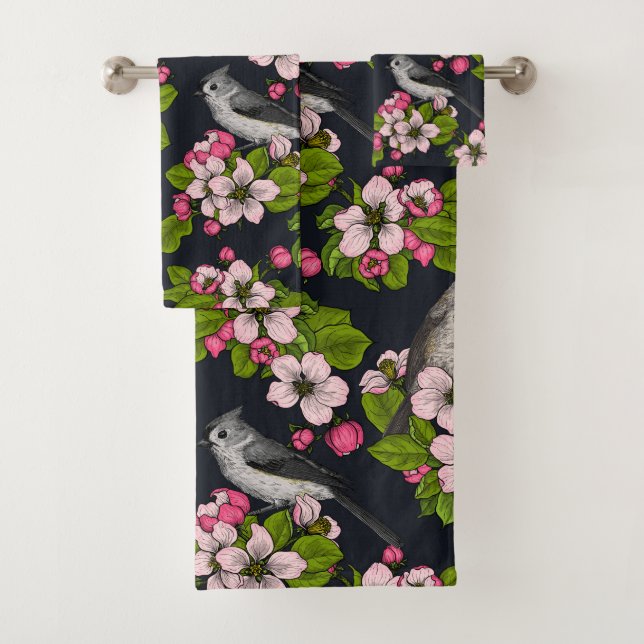 Vögel und Blüten auf schwarz Badhandtuch Set (Insitu)