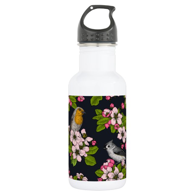Vögel und Blüten auf schwarz Edelstahlflasche (Vorderseite)