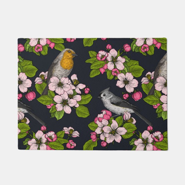 Vögel und Blüten auf schwarz Fußmatte (Vorderseite)
