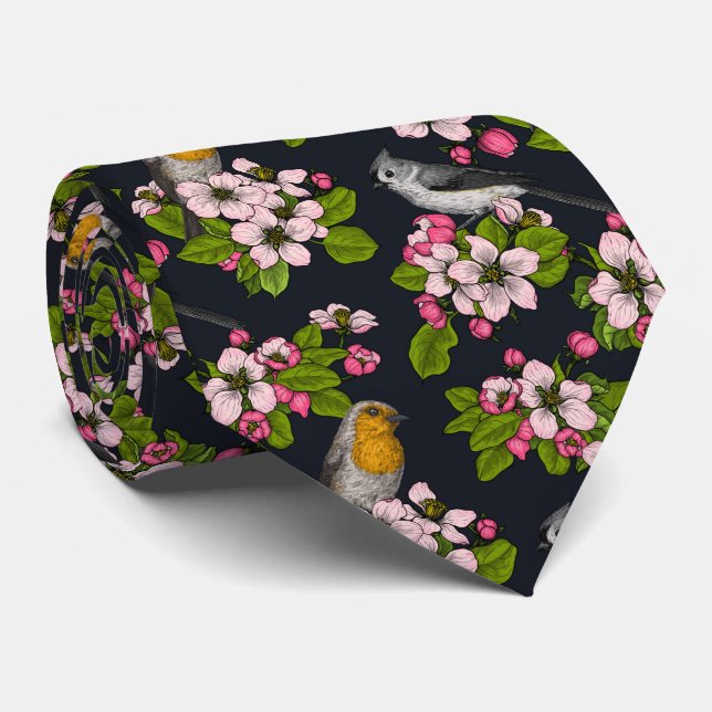 Vögel und Blüten auf schwarz Krawatte (Gerollt)