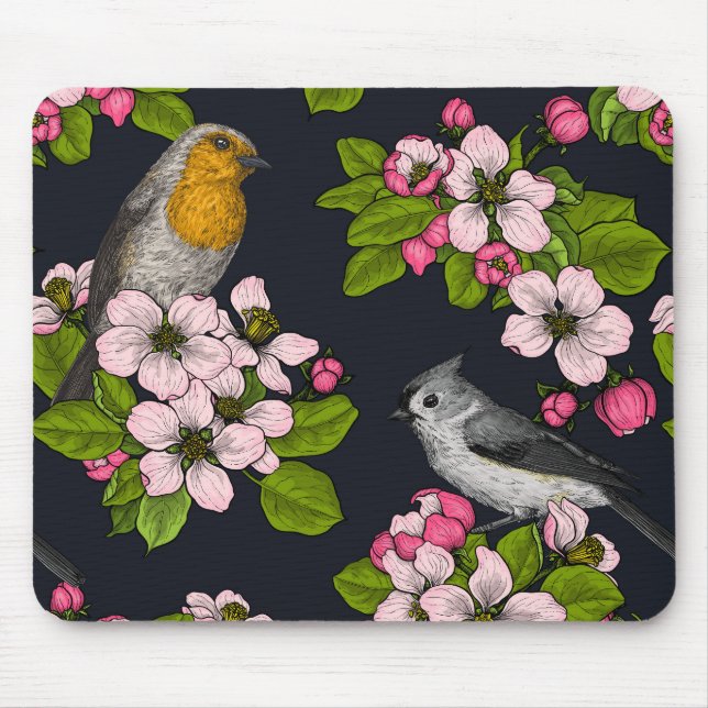 Vögel und Blüten auf schwarz Mousepad (Vorne)