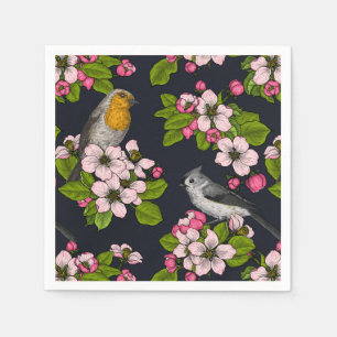 Vögel und Blüten auf schwarz Serviette