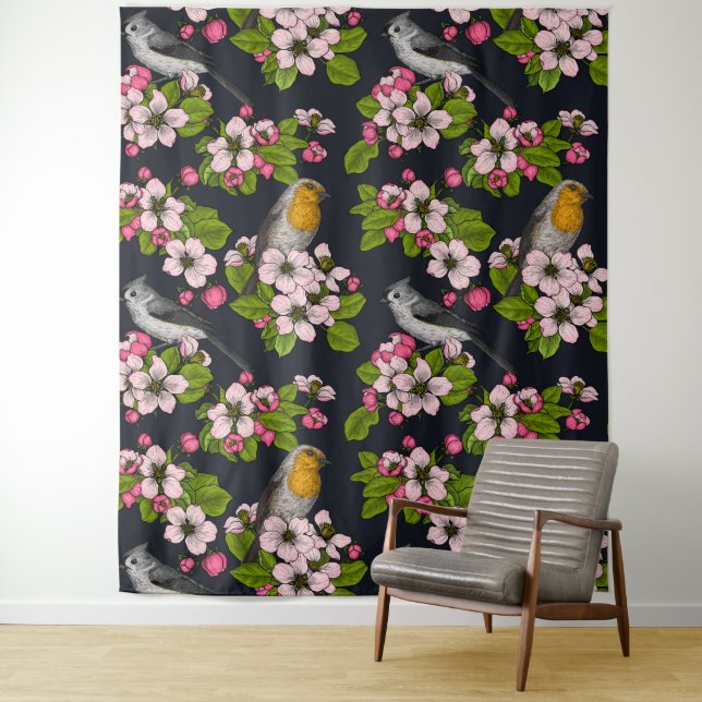 Vögel und Blüten auf schwarz Wandteppich (Beispiel)