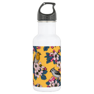 Vögel und Blüten in Gelb Edelstahlflasche