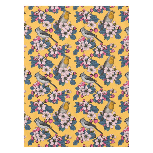 Vögel und Blüten in Gelb Tischdecke (Vorderseite)