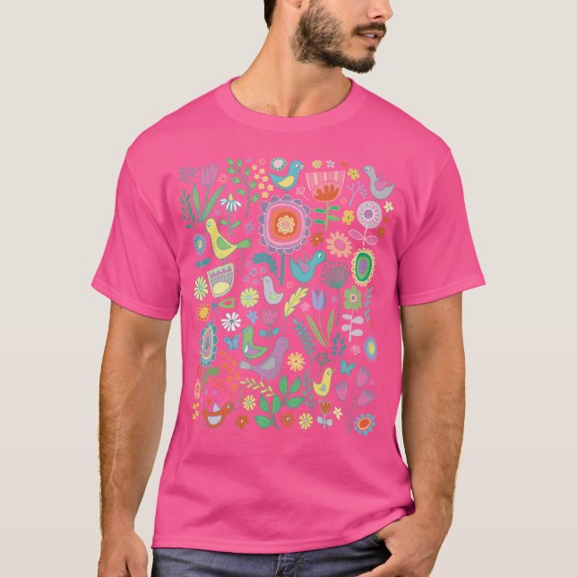 Vögel und Blüten - Paste auf Schwarz - Hübsche Flo T-Shirt (Vorderseite)