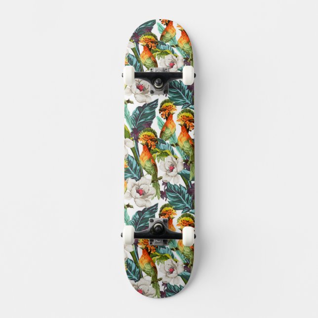 Vogel und exotisches Blumen-Muster Skateboard (Vorderseite)
