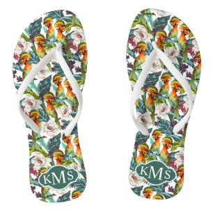 Vogel und exotisches Monogramm des Blumen-Muster-  Flip Flops