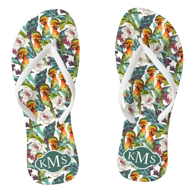 Vogel und exotisches Monogramm des Blumen-Muster-| Flip Flops (Fußbett)