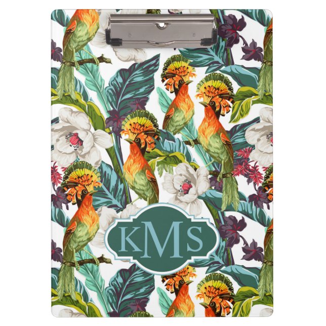 Vogel und exotisches Monogramm des Blumen-Muster-| Klemmbrett (Vorderseite)