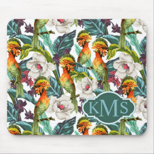 Vogel und exotisches Monogramm des Blumen-Muster- Mousepad
