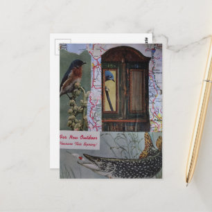 Vögel und Fische Retro-Collage Postkarte