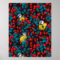 Vögel und Hunde Rose Hüften, blau und rot