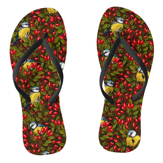 Vögel und Hunde Rose Hüften, grün und rot Flip Flops (Fußbett)