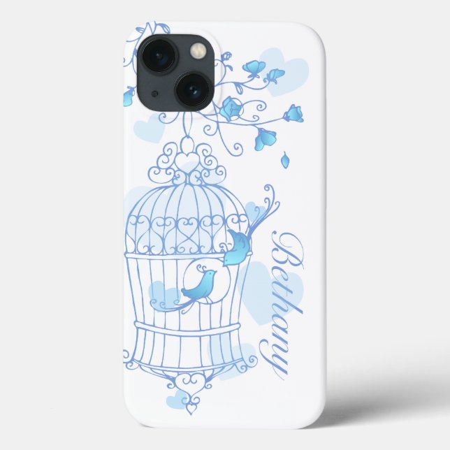 Vögel und Käfig Aqua Blue Name iPhone Case (Rückseite)
