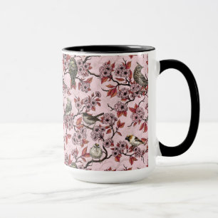 Vögel und Kirschblüten auf rosafarbenem Hintergrun Tasse
