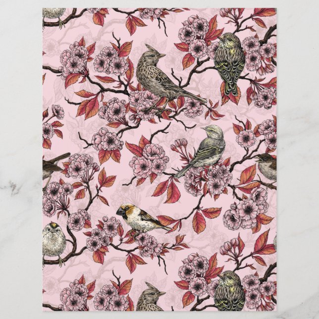 Vögel und Kirschblüten auf rosarot (Vorderseite)