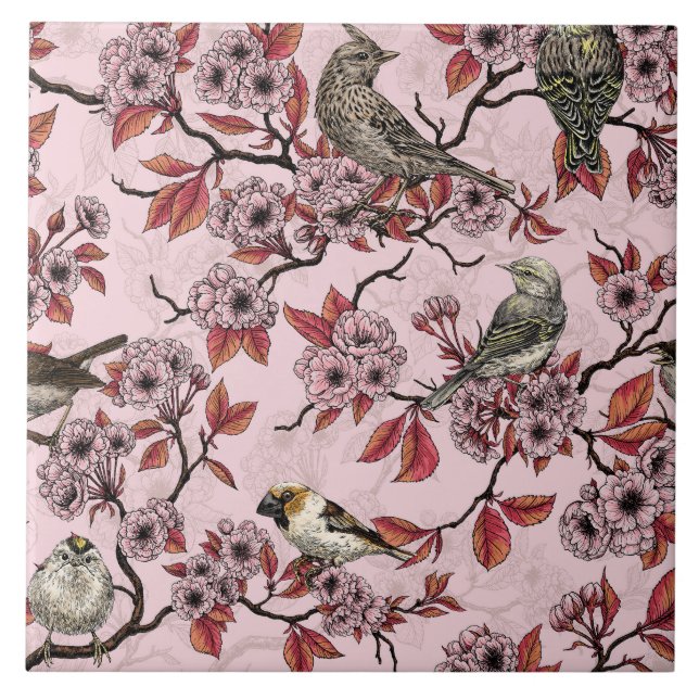 Vögel und Kirschblüten auf rosarot Fliese (Vorderseite)