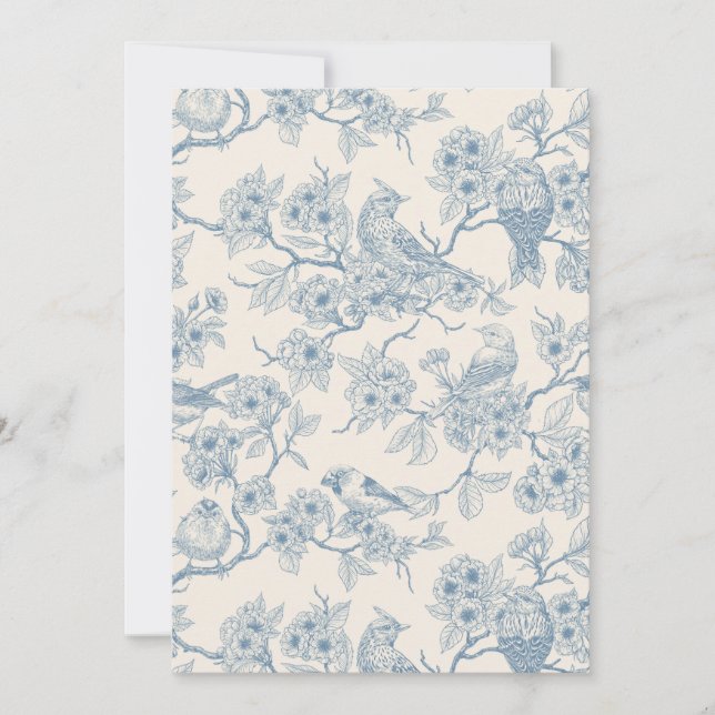 Vögel und Kirschblüten in Blau und Creme (Vorderseite)