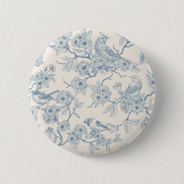 Vögel und Kirschblüten in Blau und Creme Button (Vorderseite)