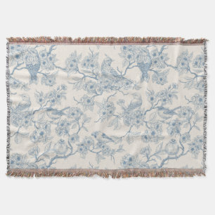 Vögel und Kirschblüten in Blau und Creme Decke