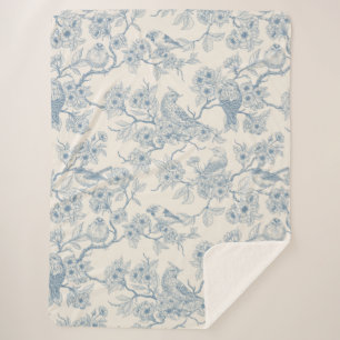 Vögel und Kirschblüten in Blau und Creme Sherpadecke