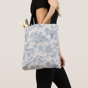 Vögel und Kirschblüten in Blau und Cremeweiß