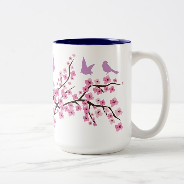 Vögel und Kirschblüten Zweifarbige Tasse (Rechts)