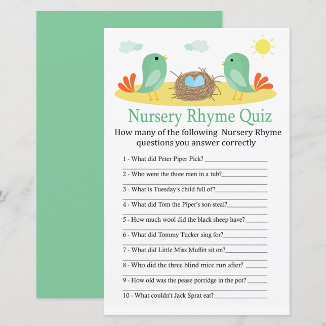 Vögel und Nest Kinderzimmer Rhyme Quiz Babydusche  (Vorne/Hinten)