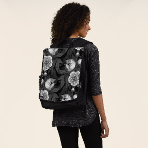 Vögel und Pfingstrosen monochrom, grau Rucksack