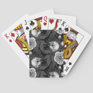 Vögel und Pfingstrosenblüten monochrom, grau Spielkarten
