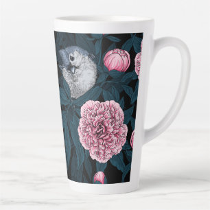 Vögel und rosa Pfingstrosenblüten mit Blättern Milchtasse